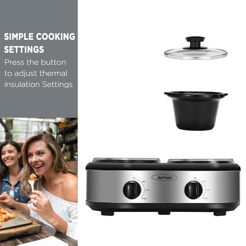 Sunvivi Silver Dual Slow Cooker Buffet Server with 2.5 Quarts, 3 Temp Settings