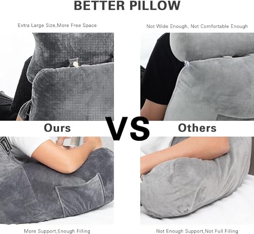 Extra Large Reading Pillow with Neck Roll - Dark Grey Bed Rest Cushion for Bed & Couch