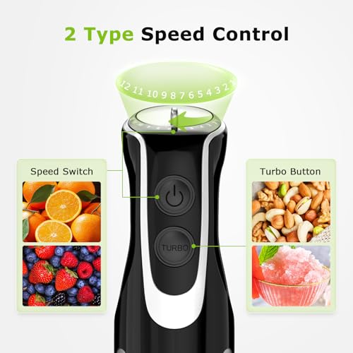 Bonsenkitchen Black 4-in-1 Immersion Blender with Food Processor, 12 Speeds