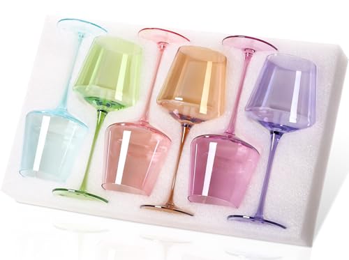 Physkoa Multicolor 16oz Hand Blown Crystal Wine Glasses Set of 6 with Long Stems