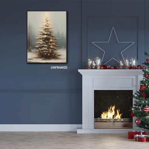XMQQLL 16x24 in Vintage Christmas Tree Wall Art — Moody Neutral Canvas Print, Unframed