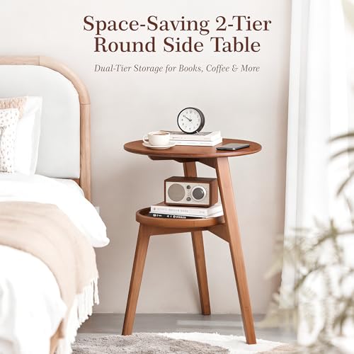 VELOHEIM Brown 2-Tier Round Bamboo Mid-Century End Table - Rustic Modern Side Table