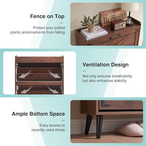 Barnyatoh Walnut Farmhouse Shoe Storage Cabinet with 2 Flip Drawers