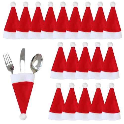 tonhui 20PCS Christmas Santa Hats Silverware Holders 6.5 x 3.3 Inch, Mini Santa Hat Tableware Decoration Christmas Party Dinner Table Flatware Decor