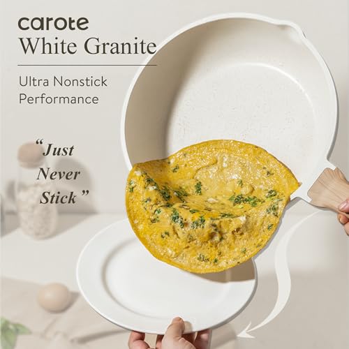 CAROTE 12 Inch Nonstick Deep Frying Pan with Lid, 5.5 Qt White Granite - Cream White