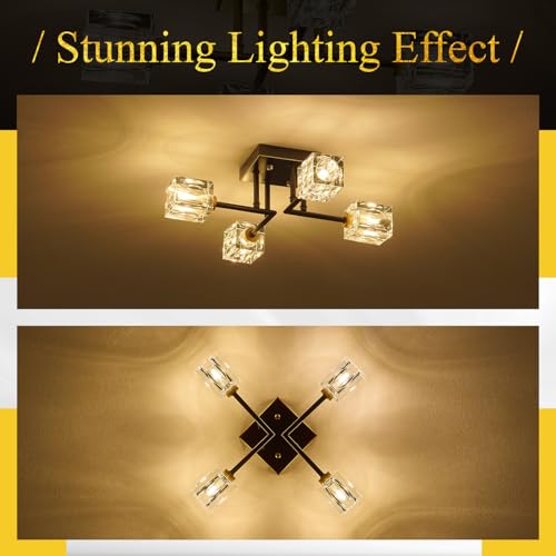 Poemoon Black Gold 18in Crystal Sputnik Chandelier 4-Light Ceiling Fixture