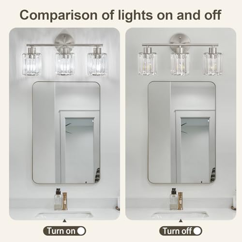Kvhiiw Modern Brushed Nickel Crystal Bathroom Light Fixture - 3-Light, Up/Down Mounting