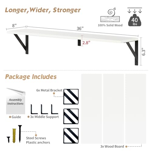 White Floating Wall Shelf - 36 x 8 Inches Rustic Wooden Book Storage with Metal Brackets