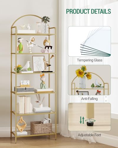 Hzuaneri Tempered Glass Bookcase Shelf - Gold, Slim 71in Home Office Storage