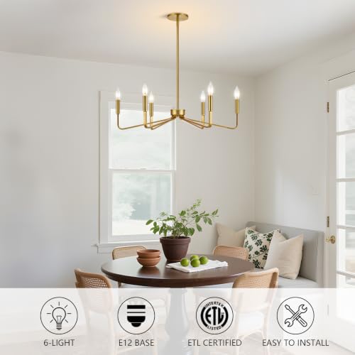 Brushed Gold 6-Light Candle Chandelier - Modern Dining Room Fixture