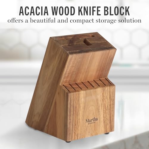 Linen White & Gold 16-Piece Knife Block Set with Acacia Wood Storage