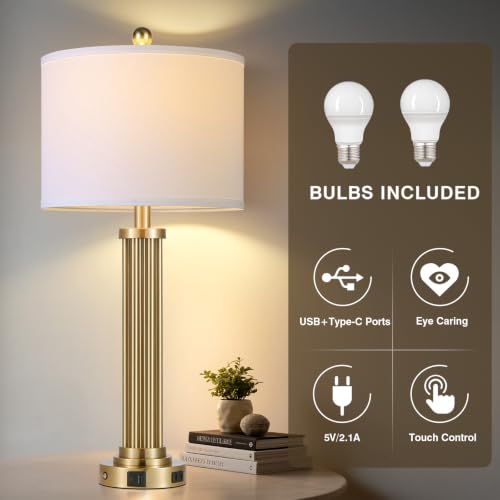 Modern 28-Inch Gold Table Lamps Set of 2 with USB-C, AC, 3-Way Touch
