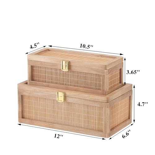 Light Brown Bamboo Decorative Box Set with Lids - 2 Pieces Boho Keepsake Storage