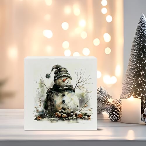 XUNLURY White Rustic Christmas Snowman Wooden Sign 5x5 Inch Holiday Decor