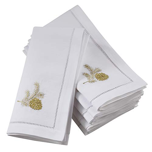 Pine Cone Embroidery Napkins Set of 6 - Handmade Cotton Table Linens with Hemstitched Border