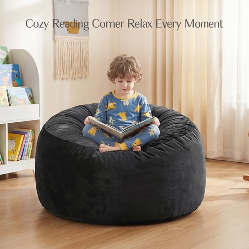 Black 4FT Memory Foam Bean Bag Chair for Adults - Soft Velvet Cover