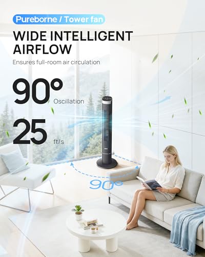 42-Inch Tower Fan for Home with WiFi, Ultra-Quiet 25dB, Black - Smart Remote Control