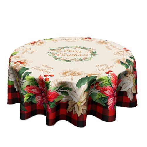 Giwawa 60-Inch Christmas Buffalo Check Plaid Round Tablecloth with Poinsettia Print