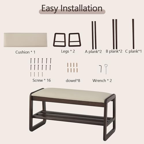 Achicsofar 2-Tier Wooden Shoe Rack Bench Beige 31.5" Entryway Storage