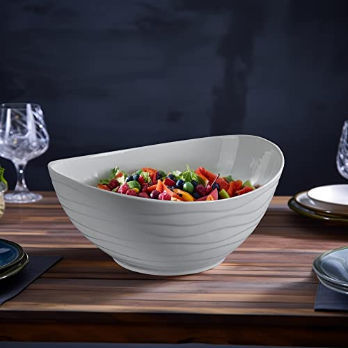 Large Ceramic Oval Salad Bowl Set with Acacia Wood Serving Utensils