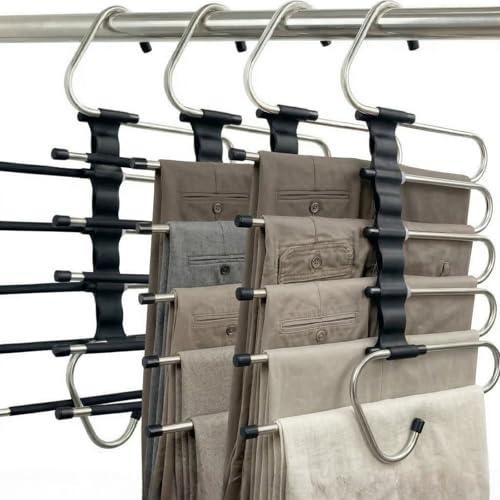 4 Pack Space Saving Jeans Hangers with Clips - Heavy Duty Stainless Steel for Closet, Black, Variation 4