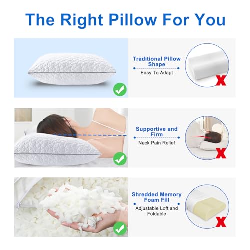 Queen Size Cooling Shredded Memory Foam Pillows Set of 2 - Adjustable Support, OEKO-TEX Certified