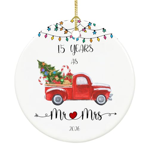 15 Year Anniversary Ornament 2026 – Mr & Mrs Gift, 2.9" Ceramic Keepsake (Double-Sided) – Chiranrise