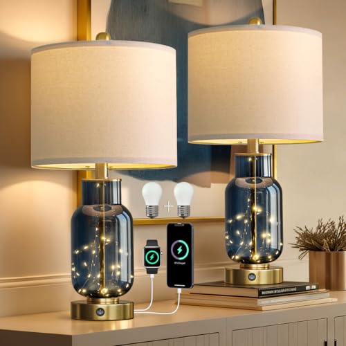 Oneach 22-Inch Blue Glass Table Lamps Set of 2 with USB Charging & Nightlight