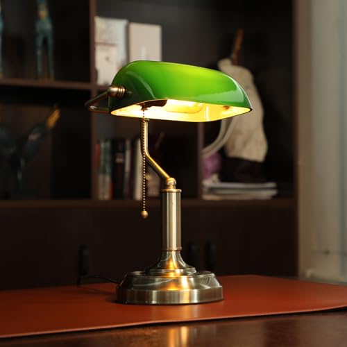Green Glass Bankers Desk Lamp with Pull Chain - Retro E26 Table Light