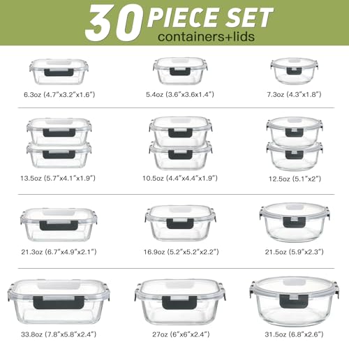 BAYZZ 15-Pack Gray Glass Food Storage Containers Set with Airtight Lids