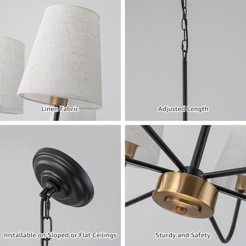 Black Gold 31.5-Inch Candle Style Dining Room Chandelier with Linen Shades