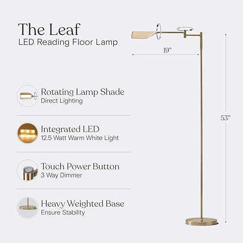 Brightech Leaf Pharmacy LED Floor Lamp - Dimmable Tall Brass Gold Reading Light