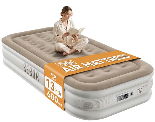 Sebor 13-inch Twin XL Air Mattress with Built-in Pump - Khaki White, Self-Inflating, Durable Guest & Camping Bed