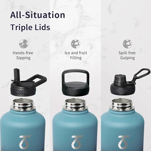 Indigo/Black 64 oz Stainless Steel Water Bottle with 3 Lids, Paracord Handle & Carrying Bag