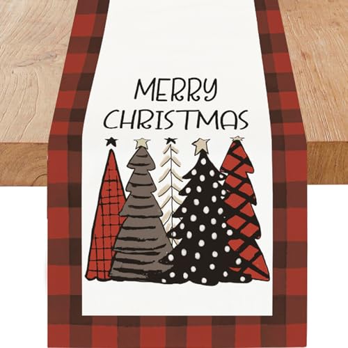 Niviy 13 x 72 Inch Christmas Table Runner Burlap Linen with Buffalo Plaid Trees