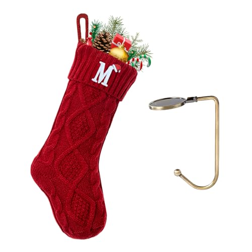 VRFASHION Red Christmas Stockings with Initials M, 18-Inch Monogram Knitted Xmas Stocking