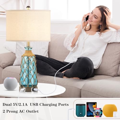 Teal Coastal Glass Table Lamps Set of 2 with USB & AC Outlet - 25.5" Bedside Touch Lamps