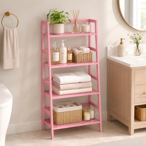 Pink Ladder Shelf - 4-Tier Bamboo Bookcase & Organizer for Home