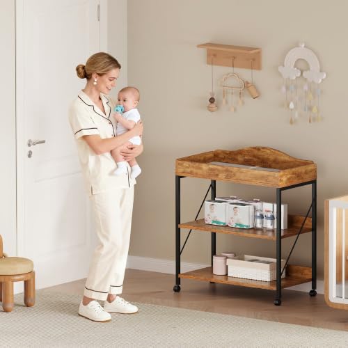 Baby Changing Table with Pad - Rustic Brown 2-Tier Diaper Station, Portable & Safe