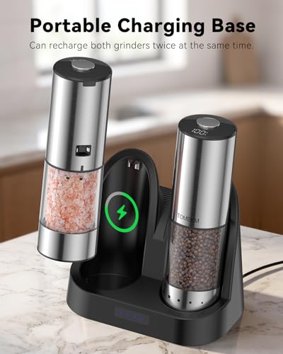 Rechargeable Salt and Pepper Grinder Set - Stainless Steel Silver, Adjustable Coarse to Fine, LED Display