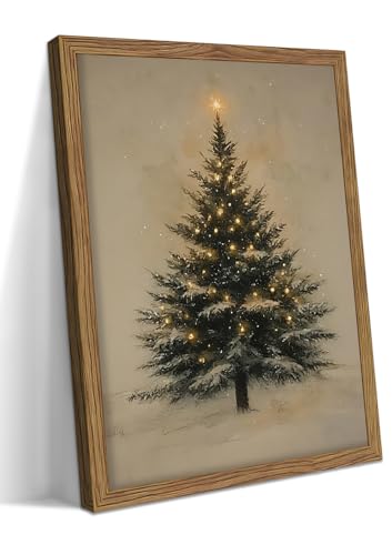 Vintage Christmas Tree Wall Art - 8x10 in Black Framed Rustic Pine Canvas