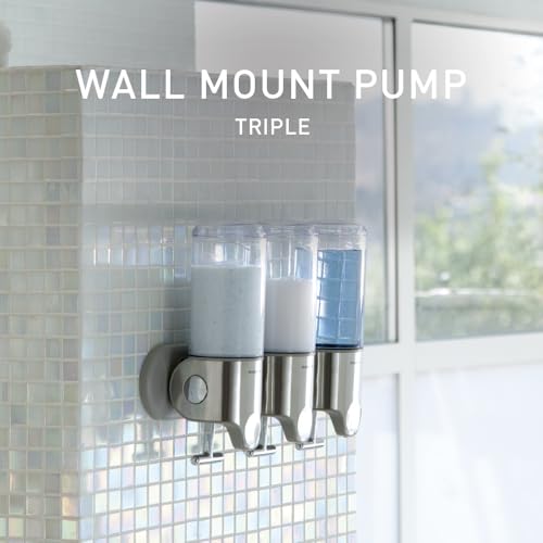 simplehuman Triple Wall Mount Shower Dispenser - Hotel-Grade 3-Chamber Refillable Stainless Steel, No-Drill Install