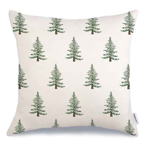 GEEORY Christmas Pillow Cover 18x18 Inch, Green Xmas Trees White Farmhouse Decorative Throw Pillowcase for Home Sofa Couch Cushion Decoration G438-18