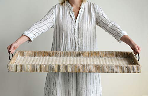 Oversized Decorative Rattan Tray with Metal Handles - Whitewashed