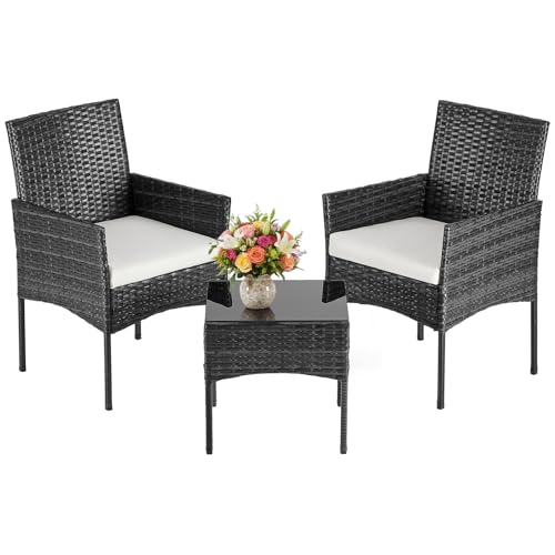 DUMOS Outdoor Wicker Bistro Set - 3-Piece Patio Furniture Set, Black, Weather-Resistant