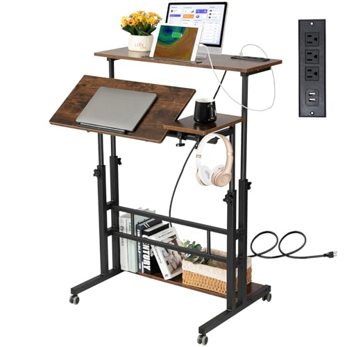 Hadulcet Adjustable Mobile Standing Desk with Charging Station - Rustic Brown, 31.5"