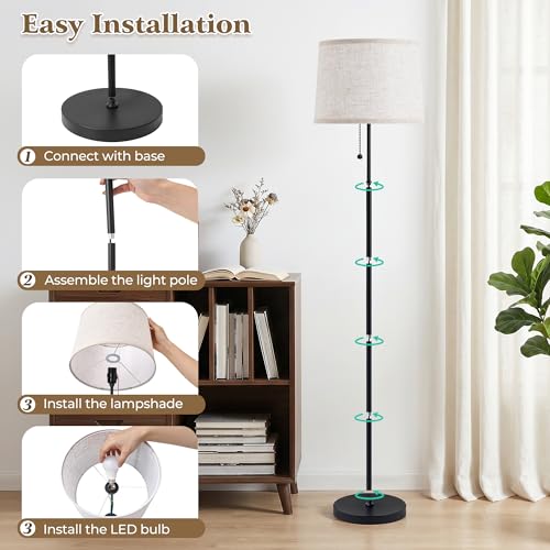 Tall Floor Lamp with Linen T-Shades & Black Pole - Modern 60-Inch Standing Light with 3 CCT Modes