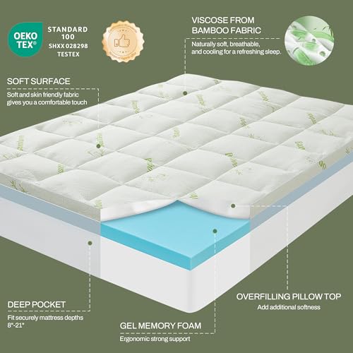 GRUSIGN Queen Memory Foam Mattress Topper 4 Inch Dual Layer Gel & Plush Pillow Top, Green, Deep Pocket