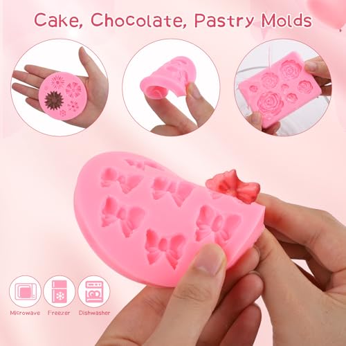 Pimoys 4 Pcs Flower&Bow Molds for Chocolate, Bow Chocolate Molds Silicone Cake Pop Mold Christmas Candy Mold Silicone for Wax Melts Birthday Cake Decoration