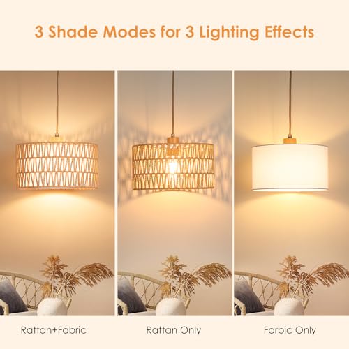 Qingmiao Boho Plug-in Pendant Light with Handwoven Shade - 3-Way Dimmable, 14ft Cord, Cylinder Drum Variant